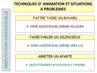 ORIENTATION
AUDIOVISUELLE
FAITRE TAIRE UN BAVARD
 CONE AUDIOVISUEL DIRIGE AILLEURS
FAIRE PARLER UN SILENCIEUX
 CONE AUDIOVISUEL DIRIGE VERS LUI
ARRETER UN APARTE
 QUESTIONNER UN VOISIN DU TANDEM
43
TECHNIQUES D’ ANIMATION ET SITUATIONS
A PROBLEMES
 