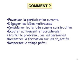 COMMENT ?
Favoriser la participation ouverte
Dégager les idées maitresses
Considérer toute idée comme constructive
Écouter activement et paraphraser
Traiter le problème, pas les personnes
Recentrer la formation sur les objectifs
Respecter le temps prévu
48
 