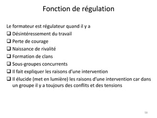 Fonction de régulation
Le formateur est régulateur quand il y a
 Désintéressement du travail
 Perte de courage
 Naissance de rivalité
 Formation de clans
 Sous-groupes concurrents
 Il fait expliquer les raisons d’une intervention
 Il élucide (met en lumière) les raisons d’une intervention car dans
un groupe il y a toujours des conflits et des tensions
58
 