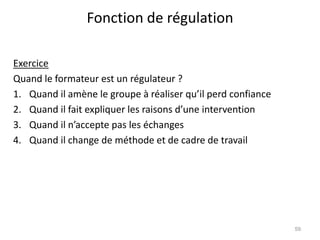 Fonction de régulation
Exercice
Quand le formateur est un régulateur ?
1. Quand il amène le groupe à réaliser qu’il perd confiance
2. Quand il fait expliquer les raisons d’une intervention
3. Quand il n’accepte pas les échanges
4. Quand il change de méthode et de cadre de travail
59
 