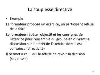 La souplesse directive
• Exemple
Le formateur propose un exercice, un participant refuse
de la faire.
Le formateur répète l’objectif et les consignes de
l’exercice pour l’ensemble du groupe en ouvrant la
discussion sur l’intérêt de l’exercice dont il est
convaincu (directivité)
Il permet à celui qui le refuse de revoir sa décision
(souplesse)
75
 