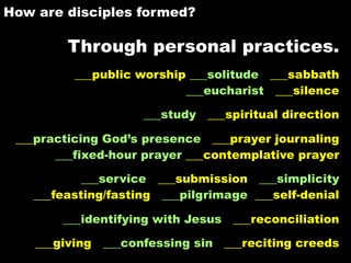 How are disciples formed?

         Through personal practices.
          ___public worship ___solitude ___sabbath
                           ___eucharist ___silence

                      ___study ___spiritual direction

 ___practicing God’s presence ___prayer journaling
       ___fixed-hour prayer ___contemplative prayer

           ___service ___submission ___simplicity
   ___feasting/fasting ___pilgrimage ___self-denial

        ___identifying with Jesus ___reconciliation

    ___giving   ___confessing sin ___reciting creeds
 
