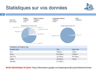 Statistiques sur vos données
44




     Accès dynamique en java: https://developers.google.com/appengine/docs/java/datastore/stats
 