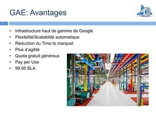 GAE: Avantages
7


    •   Infrastructure haut de gamme de Google
    •   Flexibilité/Scalabilité automatique
    •   Réduction du Time to marquet
    •   Plus d’agilité
    •   Quota gratuit généreux
    •   Pay per Use
    •   99.95 SLA
 
