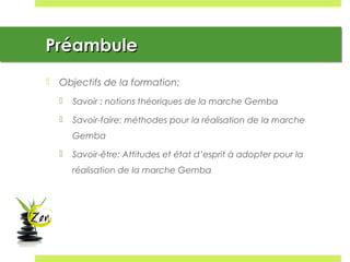 PréambulePréambulePréambulePréambule
 Objectifs de la formation:
 Savoir : notions théoriques de la marche Gemba
 Savoir-faire: méthodes pour la réalisation de la marche
Gemba
 Savoir-être: Attitudes et état d’esprit à adopter pour la
réalisation de la marche Gemba
 