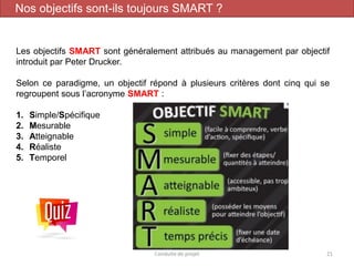 Les objectifs SMART sont généralement attribués au management par objectif
introduit par Peter Drucker.
Selon ce paradigme, un objectif répond à plusieurs critères dont cinq qui se
regroupent sous l’acronyme SMART :
1. Simple/Spécifique
2. Mesurable
3. Atteignable
4. Réaliste
5. Temporel
Conduite de projet 21
Nos objectifs sont-ils toujours SMART ?
 