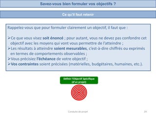 Rappelez-vous que pour formuler clairement un objectif, il faut que :
Ce que vous visez soit énoncé ; pour autant, vous ne devez pas confondre cet
objectif avec les moyens qui vont vous permettre de l’atteindre ;
Les résultats à atteindre soient mesurables, c’est-à-dire chiffrés ou exprimés
en termes de comportements observables ;
Vous précisiez l’échéance de votre objectif ;
Vos contraintes soient précisées (matérielles, budgétaires, humaines, etc.).
Conduite de projet 24
Ce qu’il faut retenir
Savez-vous bien formuler vos objectifs ?
 