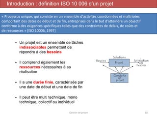  Un projet est un ensemble de tâches
indissociables permettant de
répondre à des besoins
 Il comprend également les
ressources nécessaires à sa
réalisation
 Il a une durée finie, caractérisée par
une date de début et une date de fin
 Il peut être multi technique, mono
technique, collectif ou individuel
Gestion de projet 10
Introduction : définition ISO 10 006 d’un projet
« Processus unique, qui consiste en un ensemble d'activités coordonnées et maîtrisées
comportant des dates de début et de fin, entreprises dans le but d'atteindre un objectif
conforme à des exigences spécifiques telles que des contraintes de délais, de coûts et
de ressources » [ISO 10006, 1997]
 