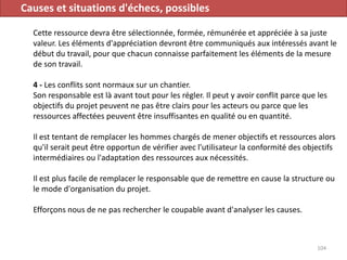 Causes et situations d'échecs, possibles
Cette ressource devra être sélectionnée, formée, rémunérée et appréciée à sa juste
valeur. Les éléments d'appréciation devront être communiqués aux intéressés avant le
début du travail, pour que chacun connaisse parfaitement les éléments de la mesure
de son travail.
4 - Les conflits sont normaux sur un chantier.
Son responsable est là avant tout pour les régler. Il peut y avoir conflit parce que les
objectifs du projet peuvent ne pas être clairs pour les acteurs ou parce que les
ressources affectées peuvent être insuffisantes en qualité ou en quantité.
Il est tentant de remplacer les hommes chargés de mener objectifs et ressources alors
qu'il serait peut être opportun de vérifier avec l'utilisateur la conformité des objectifs
intermédiaires ou l'adaptation des ressources aux nécessités.
Il est plus facile de remplacer le responsable que de remettre en cause la structure ou
le mode d'organisation du projet.
Efforçons nous de ne pas rechercher le coupable avant d'analyser les causes.
104
 