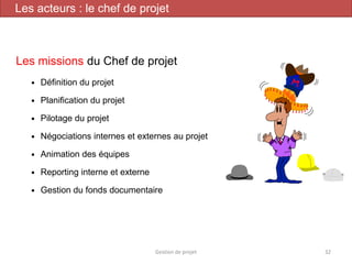Les missions du Chef de projet
 Définition du projet
 Planification du projet
 Pilotage du projet
 Négociations internes et externes au projet
 Animation des équipes
 Reporting interne et externe
 Gestion du fonds documentaire
Gestion de projet 32
Les acteurs : le chef de projet
 