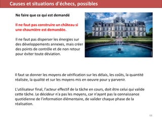 Causes et situations d'échecs, possibles
Ne faire que ce qui est demandé
Il ne faut pas construire un château si
une chaumière est demandée.
Il ne faut pas disperser les énergies sur
des développements annexes, mais créer
des points de contrôle et de non retour
pour éviter toute déviation.
68
Il faut se donner les moyens de vérification sur les délais, les coûts, la quantité
réalisée, la qualité et sur les moyens mis en oeuvre pour y parvenir.
L'utilisateur final, l'acteur effectif de la tâche en cours, doit être celui qui valide
cette tâche. Le décideur n'a pas les moyens, car n'ayant pas la connaissance
quotidienne de l'information élémentaire, de valider chaque phase de la
réalisation.
 