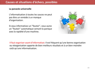Causes et situations d'échecs, possibles
La panacée universelle
L'informatisation à toutes les sauces ne peut
pas être un remède à un manque
d'organisation.
Si vous informatisez un "foutoir", vous aurez
un "foutoir" automatique semant la panique
avec la rapidité d’une machine.
69
Il faut organiser avant d'informatiser. Il est fréquent qu'une bonne organisation
ou réorganisation apporte de bien meilleurs résultats et à un bien moindre
coût qu'une informatisation.
 