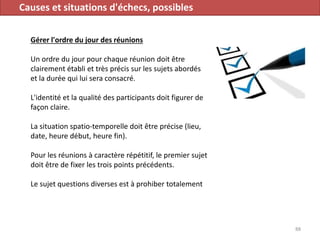 Causes et situations d'échecs, possibles
Gérer l'ordre du jour des réunions
Un ordre du jour pour chaque réunion doit être
clairement établi et très précis sur les sujets abordés
et la durée qui lui sera consacré.
L'identité et la qualité des participants doit figurer de
façon claire.
La situation spatio-temporelle doit être précise (lieu,
date, heure début, heure fin).
Pour les réunions à caractère répétitif, le premier sujet
doit être de fixer les trois points précédents.
Le sujet questions diverses est à prohiber totalement
88
 