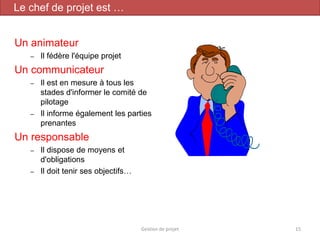 Un animateur
– Il fédère l'équipe projet
Un communicateur
– Il est en mesure à tous les
stades d'informer le comité de
pilotage
– Il informe également les parties
prenantes
Un responsable
– Il dispose de moyens et
d'obligations
– Il doit tenir ses objectifs…
Gestion de projet 15
Le chef de projet est …
 