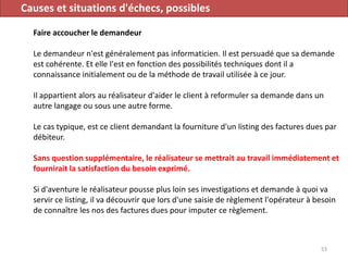 Causes et situations d'échecs, possibles
Faire accoucher le demandeur
Le demandeur n'est généralement pas informaticien. Il est persuadé que sa demande
est cohérente. Et elle l'est en fonction des possibilités techniques dont il a
connaissance initialement ou de la méthode de travail utilisée à ce jour.
Il appartient alors au réalisateur d'aider le client à reformuler sa demande dans un
autre langage ou sous une autre forme.
Le cas typique, est ce client demandant la fourniture d'un listing des factures dues par
débiteur.
Sans question supplémentaire, le réalisateur se mettrait au travail immédiatement et
fournirait la satisfaction du besoin exprimé.
Si d'aventure le réalisateur pousse plus loin ses investigations et demande à quoi va
servir ce listing, il va découvrir que lors d'une saisie de règlement l'opérateur à besoin
de connaître les nos des factures dues pour imputer ce règlement.
53
 