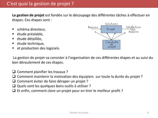 Gestion de projet 8
C’est quoi la gestion de projet ?
La gestion de projet est fondée sur le découpage des différentes tâches à effectuer en
étapes. Ces étapes sont :
 schéma directeur,
 étude préalable,
 étude détaillée,
 étude technique,
 et production des logiciels.
La gestion de projet va consister à l'organisation de ces différentes étapes et au suivi du
bon déroulement de ces étapes.
 Comment planifier les travaux ?
 Comment maintenir la motivation des équipiers sur toute la durée du projet ?
 Comment éviter de faire déraper un projet ?
 Quels sont les quelques bons outils à utiliser ?
 Et enfin, comment clore un projet pour en tirer le meilleur profit ?
 