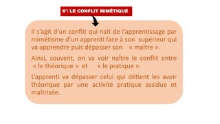 Il s’agit d’un conflit qui naît de l’apprentissage par
mimétisme d’un apprenti face à son supérieur qui
va apprendre puis dépasser son « maître ».
Ainsi, souvent, on va voir naître le conflit entre
« le théorique » et « le pratique ».
L’apprenti va dépasser celui qui détient les avoir
théorique par une activité pratique assidue et
maîtrisée.
6°/ LE CONFLIT MIMÉTIQUE
 