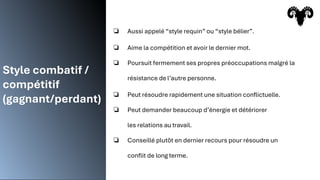 Style combatif /
compétitif
(gagnant/perdant)
❏ Aussi appelé “style requin” ou “style bélier”.
❏ Aime la compétition et avoir le dernier mot.
❏ Poursuit fermement ses propres préoccupations malgré la
résistance de l’autre personne.
❏ Peut résoudre rapidement une situation conflictuelle.
❏ Peut demander beaucoup d’énergie et détériorer
les relations au travail.
❏ Conseillé plutôt en dernier recours pour résoudre un
conflit de long terme.
 