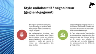 Style collaboratif / négociateur
(gagnant-gagnant)
En anglais “problem solving” ou
“collaborating”, aussi traduit en
français par “style chouette” ou
“style dauphin”.
La collaboration implique une
tentative de travailler avec l’autre
personne pour trouver une solution
gagnant-gagnant au problème en
question – celle qui répond le
mieux aux préoccupations des
deux parties.
L’approche gagnant-gagnant voit la
résolution des conflits comme une
occasion de parvenir à un résultat
mutuellement bénéfique.
Il s’agit notamment d’identifier les
préoccupations sous-jacentes des
opposants par de l’écoute active,
et de trouver une solution de
rechange qui permette d’apaiser
les préoccupations des différents
protagonistes.
 