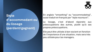 Style
d’accommodant ou
du lissage
(perdant/gagnant)
En anglais “smoothing” ou “accommodating”,
aussi traduit en français par “style nounours”.
Le lissage, c’est d’abord répondre aux
préoccupations des autres, plutôt qu’à ses
propres préoccupations.
Elle peut être utilisée à bon escient en fonction
de l’importance d’une situation, mais sera très
peu utilisée pour les managers.
 