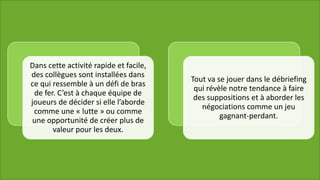 Dans cette activité rapide et facile,
des collègues sont installées dans
ce qui ressemble à un défi de bras
de fer. C’est à chaque équipe de
joueurs de décider si elle l’aborde
comme une « lutte » ou comme
une opportunité de créer plus de
valeur pour les deux.
Tout va se jouer dans le débriefing
qui révèle notre tendance à faire
des suppositions et à aborder les
négociations comme un jeu
gagnant-perdant.
 