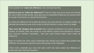 Il est question de "cadre de référence : (le carré des 9 points).
Qu'est-ce que le "cadre de référence"? C'est la vision que nous avons du monde,
de nous-même et des autres, ainsi que tout un ensemble d'idées sur la manière dont
le monde "fonctionne" ou devrait fonctionner.
Ce cadre de référence est la grille de lecture qui nous permet, à chaque instant, de
décoder les situations que nous vivons et de leur donner un sens avant d'y réagir.
Que nous dit l'énigme des 9 points? Que certains problèmes (au travail, dans le
couple, en famille, avec les autres ou nous-même, quand nous pensons à l'avenir,
etc.) peuvent sembler insolubles... tant que nous restons dans notre cadre de
référence.
Mais en sortant de notre vision habituelle des choses (qui s'avère être parfois très
difficile), nous pouvons parfois trouver des issues à nos impasses.
C'est notre créativité qui nous fait ainsi sortir de notre cadre de référence et
emprunter des chemins nouveaux.
 