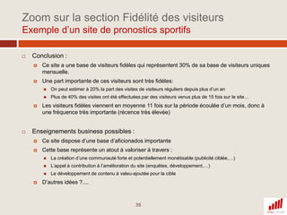 Créer et affecter des filtres aux différents profils3 points clés :Deux types de filtres existent: prédéfinis et personnalisés.Les filtres ne sont pas actifs rétroactivementIls s’appliquent à autant de profils que vous le souhaitezLes filtres prédéfinis portent sur l’exclusion/ inclusion :D’un domaine ou sous-domaine, D’une ou plusieurs adresses IP spécifiques (ex: les IP internes), D’un ou plusieurs sous-répertoires de votre siteLes filtres personnalisés portent sur l’exclusion/ inclusion:D’un pays, territoire, d’une zone géographiqueD’un type de campagnes (source), d’une campagnes en particulierDu trafic associé à des transactions portant sur une famille de projet, un produit en particulier,…D’un type de visiteurD’une plate-forme de navigation particulière (mobile, tablette,…)L’affectation de filtres permet la création de profils18