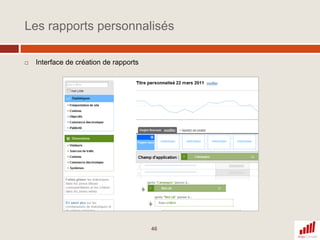 Export au format .pdf et .csv pour excel, notammentLes fonctions d’exportPar défaut, segmente les rapports selon les nouveaux visiteurs, visiteurs connus, sources principales de traficLes segments avancés