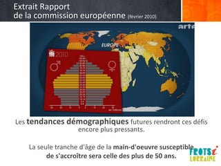 Extrait Rapport
de la commission européenne (février 2010)




Les tendances démographiques futures rendront ces défis
                encore plus pressants.

    La seule tranche d'âge de la main-d'oeuvre susceptible
          de s'accroître sera celle des plus de 50 ans.
 