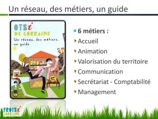 Un réseau, des métiers, un guide

                  6 métiers :
                  Accueil
                  Animation
                  Valorisation du territoire
                  Communication
                  Secrétariat - Comptabilité
                  Management
 