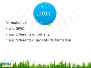 2011
Formations :
• à la GPEC,
• aux différents entretiens,
• aux différents dispositifs de formation
 