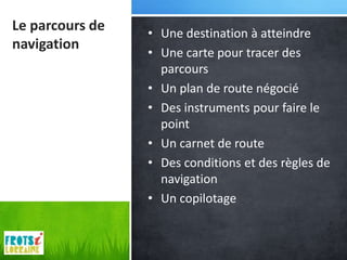 Le parcours de   • Une destination à atteindre
navigation
                 • Une carte pour tracer des
                   parcours
                 • Un plan de route négocié
                 • Des instruments pour faire le
                   point
                 • Un carnet de route
                 • Des conditions et des règles de
                   navigation
                 • Un copilotage
 