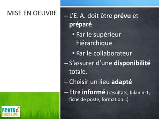 MISE EN OEUVRE   – L’E. A. doit être prévu et
                   préparé
                    • Par le supérieur
                      hiérarchique
                    • Par le collaborateur
                 – S’assurer d’une disponibilité
                   totale.
                 – Choisir un lieu adapté
                 – Etre informé (résultats, bilan n-1,
                   fiche de poste, formation…)
 