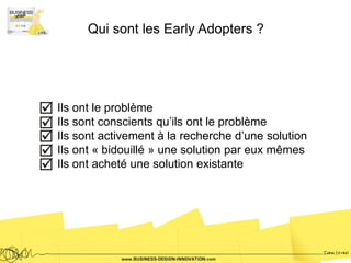Qui sont les Early Adopters ?




Ils ont le problème
Ils sont conscients qu’ils ont le problème
Ils sont activement à la recherche d’une solution
Ils ont « bidouillé » une solution par eux mêmes
Ils ont acheté une solution existante
 