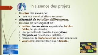 2
 Besoins des élèves de :
 Voir leur travail et efforts reconnus
 Nécessité de travailler différemment.
 Besoins de l’enseignant de :
 motiver tous les élèves, en particulier les plus
faibles, les plus timides,
 Leur permettre de travailler à leur rythme,
 N’importe où (téléphones, tablettes,…)
 Promouvoir la confiance en soi au sein des classes,
 Valoriser les élèves et leurs divers talents…
-
Naissance des projets
 
