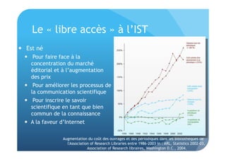 Le « libre accès » à l’IST 
 Est né 
 Pour faire face à la 
concentration du marché 
éditorial et à l’augmentation 
des prix 
 Pour améliorer les processus de 
la communication scientifique 
 Pour inscrire le savoir 
scientifique en tant que bien 
commun de la connaissance 
 A la faveur d’Internet 
Augmentation du coût des ouvrages et des périodiques dans les Bibliothèques de 
l'Association of Research Libraries entre 1986-2003 in : ARL, Statistics 2002-03, 
Association of Research libraires, Washington D.C., 2004. 
 