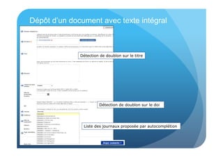Dépôt d’un document avec texte intégral 
Détection de doublon sur le titre 
Détection de doublon sur le doi 
Liste des journaux proposée par autocomplétion 
 