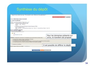 54 
Synthèse du dépôt 
Pour les domaines présents sur 
arxiv, le transfert est proposé. 
Il est possible de différer le dépôt 
 