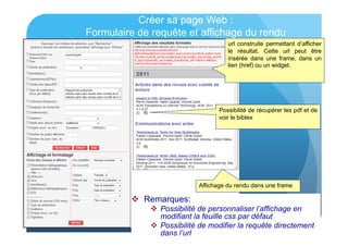 Créer sa page Web : 
Formulaire de requête et affichage du rendu 
url construite permettant d’afficher 
le résultat. Cette url peut être 
insérée dans une frame, dans un 
lien (href) ou un widget. 
Possibilité de récupérer les pdf et de 
voir le bibtex 
Affichage du rendu dans une frame 
 Remarques: 
 Possibilité de personnaliser l’affichage en 
modifiant la feuille css par défaut 
 Possibilité de modifier la requête directement 
dans l’url 
 