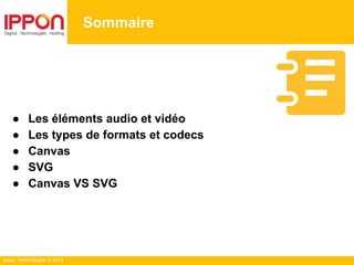 Ippon Technologies © 2014
Sommaire
● Les éléments audio et vidéo
● Les types de formats et codecs
● Canvas
● SVG
● Canvas VS SVG
 