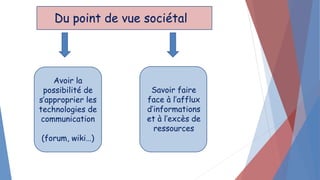 Du point de vue sociétal
Avoir la
possibilité de
s’approprier les
technologies de
communication
(forum, wiki…)
Savoir faire
face à l’afflux
d’informations
et à l’excès de
ressources
 