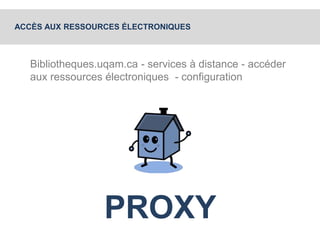 ACCÈS AUX RESSOURCES ÉLECTRONIQUES 
Bibliotheques.uqam.ca - services à distance - accéder 
aux ressources électroniques - configuration 
PROXY 
 