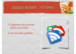 GOOGLE READER : 3 ÉTAPES




1. S’abonner aux sources
   d’info à surveiller
2. Lire les infos publiées
 