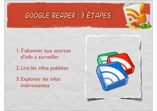 GOOGLE READER : 3 ÉTAPES




1. S’abonner aux sources
   d’info à surveiller
2. Lire les infos publiées

3. Exploiter les infos
   intéressantes
 