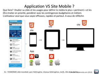 Application VS Site Mobile ?
Que faire? Etudier sa cible et les usages pour définir le média le plus « pertinent » et les
...