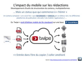 L’impact du mobile sur les rédactions
Développement d’outils de structuration du contenu, multiplateformes
Un contenu comp...