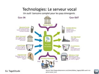 Technologies: Le serveur vocal
Un outil bancaire complet pour les pays émergents
Source: http://www.dailymotion.com/video/...
