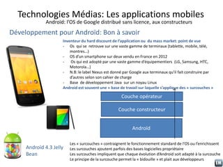 Technologies Médias: Les applications mobiles
Androïd: l’OS de Google distribué sans licence, aux constructeurs
Développem...