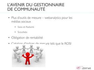 L’AVENIR DU GESTIONNAIRE
DE COMMUNAUTÉ
• Plus d’outils de mesure – webanalytics pour les
  médias sociaux
    • Swix et Radian6

    • Scoutlabs

• Obligation de rentabilité
• Création d’indices de mesure tels que le ROSI
 
