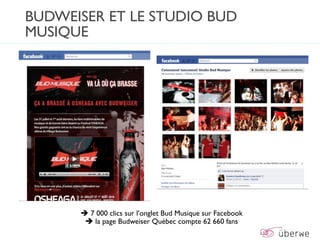 BUDWEISER ET LE STUDIO BUD
MUSIQUE




       7 000 clics sur l’onglet Bud Musique sur Facebook
        la page Budweiser Québec compte 62 660 fans
 
